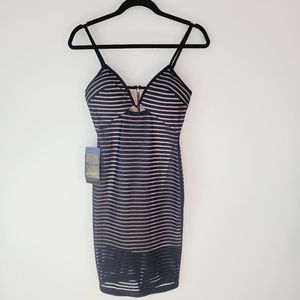 Bebe black nude Striped plunge sexy dress NWT